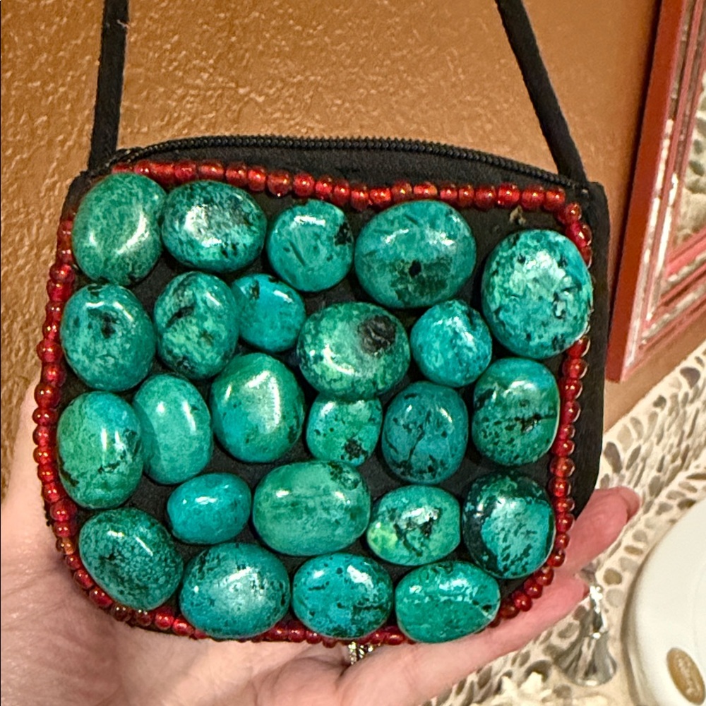 Handcrafted Beaded with Stones Women's Mini Bag - Turquoise and Red